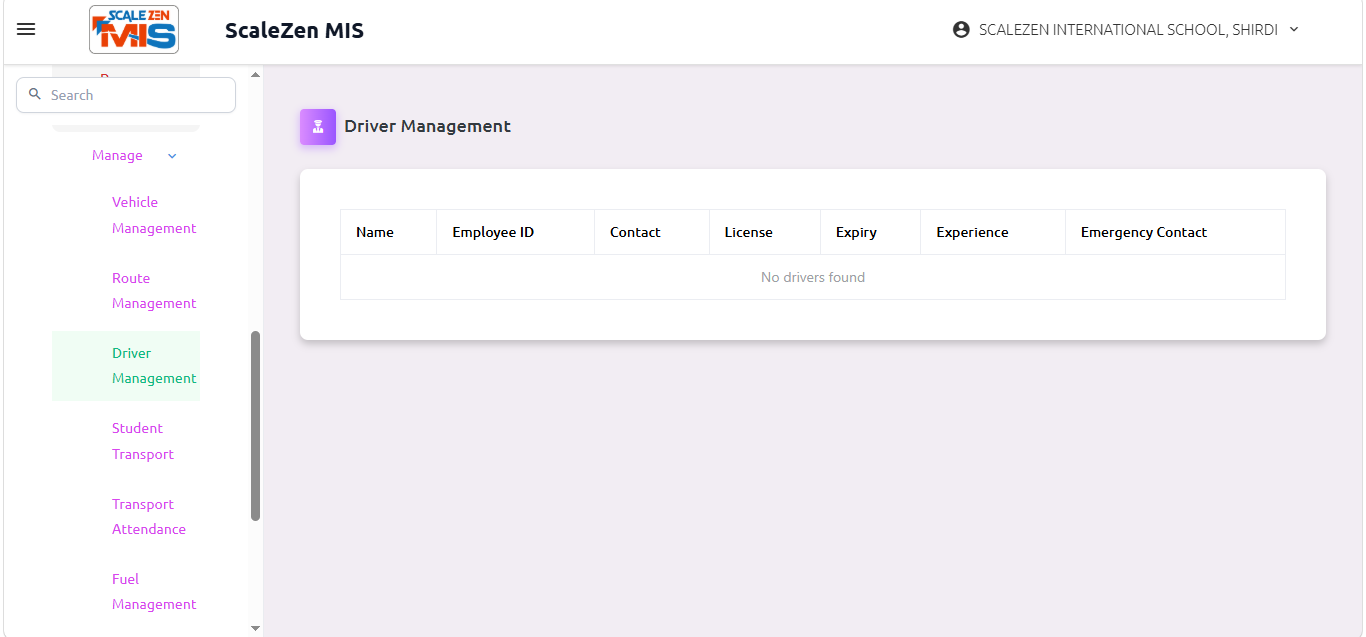 Driver Management Screen